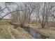 Small creek surrounded by grass and bare trees on an overcast day at 1117 Elysian Field Dr # A, Lafayette, CO 80026