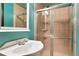 Bright bathroom features a pedestal sink and a glass enclosed shower at 21733 Saddlebrook Dr, Parker, CO 80138