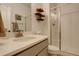 Modern bathroom featuring a sleek vanity, glass-enclosed shower, and stylish shelves at 27655 E Geddes Pl, Aurora, CO 80016