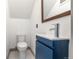 Bright powder room with modern blue vanity and decorative tile at 2400 Ventress Ct, Bennett, CO 80102