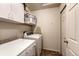 Functional laundry room with washer, dryer, shelving, and storage space for convenience at 452 Black Feather Loop # 612, Castle Rock, CO 80104