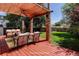 Staged patio area on a sunny day, featuring outdoor furniture, a ceiling fan, and brick column details at 4032 Lipan St, Denver, CO 80211