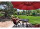 Landscaped backyard with patio, outdoor seating, green lawn and mature trees. Perfect for relaxing outdoors at 8427 Chase Dr, Arvada, CO 80003