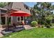 Cozy backyard patio with an umbrella, dining set, and lush landscaping at 8427 Chase Dr, Arvada, CO 80003