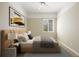 This bedroom showcases a padded headboard, neutral tones, and a gray patterned rug at 7472 Iridium Way, Castle Rock, CO 80108