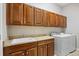 Well-lit laundry room with wooden cabinets, sink, countertop, and modern washer and dryer at 7472 Iridium Way, Castle Rock, CO 80108