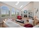 Bright living room featuring a fireplace, built-in shelving, large windows and vaulted ceiling at 7056 S Owens St, Littleton, CO 80127