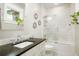 Bathroom featuring a modern vanity with a dark countertop and a tiled shower/tub combo at 2153 S Columbine St, Denver, CO 80210