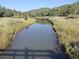 Calm pond reflecting the sky, surrounded by meadows and forested hills at 9705 Canon Dr, Sedalia, CO 80135