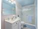 Bright blue bathroom with a glass shower door, tile floors, and white vanity at 37 High View Ln, Boulder, CO 80302