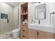 Modern bathroom features a glass shower, sleek vanity, and minimalist design at 2206 Alpine Dr, Boulder, CO 80304