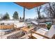 Inviting outdoor patio with comfortable seating, wooden deck, and scenic neighborhood views in winter at 2206 Alpine Dr, Boulder, CO 80304