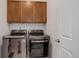 Laundry room with updated appliances, overhead cabinets, and a white door at 9643 Birch Ln, Thornton, CO 80229