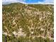 Aerial view capturing the home nestled among the trees in its mountain setting, highlighted by an arrow at 1608 Beaver Brook Canyon Rd, Evergreen, CO 80439