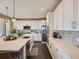 Bright kitchen featuring a large island, stainless steel appliances, white cabinets, and modern finishes at 11096 Endeavor Dr, Parker, CO 80134