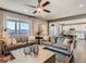 Open-concept living room featuring comfortable sofas, modern decor, and an open view to the kitchen at 11096 Endeavor Dr, Parker, CO 80134