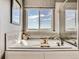 Bright main bathroom featuring a soaking tub, large window, and tiled walls at 11096 Endeavor Dr, Parker, CO 80134