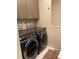 Modern laundry room showcasing front-load washer and dryer with sleek countertop and decorative wall art at 19 S 45Th Ave, Brighton, CO 80601