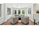 Bright living room with large windows, tile flooring and multiple seating options to view the outdoor garden at 3884 S Niagara Way, Denver, CO 80237