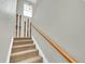 Staircase featuring carpeted steps and a vintage ski decor at 7064 E 2Nd Ave, Denver, CO 80220
