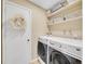 Functional laundry room equipped with modern washer, dryer, and storage shelves at 3706 E Easter Dr, Centennial, CO 80122