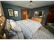 Cozy bedroom features wood bed frame, a plush rug and soothing dark blue accent wall at 85 S Sherwood Gln, Monument, CO 80132