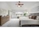 Bright, spacious main bedroom with plush carpeting, a ceiling fan, and expansive neighborhood views at 8802 E 148Th Ln, Thornton, CO 80602