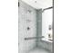 Luxurious marble-tiled shower with frameless glass door, handheld wand, and grab bar at 1750 Wewatta St # 740, Denver, CO 80202