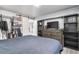 Basement bedroom with a large bed, closet, shelving, and a TV at 1381 Mariposa Dr, Denver, CO 80221