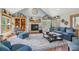 Cozy living room with a stone fireplace, vaulted ceilings, many windows, and comfortable furnishings at 30206 Telluride Ln, Evergreen, CO 80439