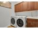 This laundry room offers wooden cabinets, stainless steel appliances and a sink at 12938 Bridge View Ln, Parker, CO 80134