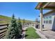 Inviting backyard features mature trees, artificial turf, gravel, and views of the surrounding green hills and blue skies at 547 Scrubjay Cir, Castle Rock, CO 80104