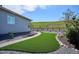 Beautifully landscaped backyard with artificial turf and stone pathway, perfect for outdoor enjoyment at 547 Scrubjay Cir, Castle Rock, CO 80104