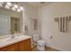 Bright bathroom featuring a single sink, large mirror, and a toilet at 10588 Parkington Ln # 39A, Highlands Ranch, CO 80126