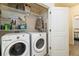 Efficient laundry room with washer, dryer, and overhead storage, perfect for organization at 1640 Aspen Meadows Cir, Federal Heights, CO 80260