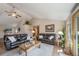 Comfortable living area with vaulted ceiling, ceiling fan, and plush leather furniture at 767 Tenderfoot Dr, Larkspur, CO 80118