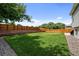 Large backyard featuring a tiered brick retaining wall, lush green lawn, and a wood fence at 11323 Albion St, Thornton, CO 80233
