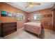 Comfortable bedroom with natural light, paneled walls, a ceiling fan, and carpeted flooring at 32173 Soda Creek Dr, Evergreen, CO 80439