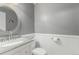 Comfortable half bathroom with white cabinets, granite countertops, and a new toilet at 4643 S Vrain St, Denver, CO 80236