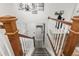 Bright staircase featuring carpeted steps, wood railings, and modern decor for a stylish home entrance at 4643 S Vrain St, Denver, CO 80236