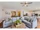 Open-concept living room with comfortable seating and a view into the modern kitchen at 3309 Thornwood Ct, Castle Rock, CO 80108