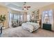 Tranquil main bedroom featuring tray ceiling, plush carpet, and plenty of natural light at 3309 Thornwood Ct, Castle Rock, CO 80108