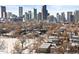 Picturesque city view showing Denver skyline amongst snow-covered trees and rooftops, highlighting urban accessibility at 3059 Curtis St, Denver, CO 80205