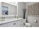 A stylish bathroom features a white vanity with marble countertop and modern accents at 4970 S Chester St, Greenwood Village, CO 80111