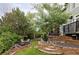 Landscaped backyard featuring a fire pit, stone retaining wall, lush greenery, and tiered patio with outdoor seating at 7700 Bison Ct, Littleton, CO 80125