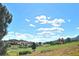 Scenic golf course view with lush green fairway, trees, distant houses, and a beautiful sky at 7904 Hill Crest Dr, Louviers, CO 80131