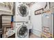 Modern laundry room with stacked washer and dryer units, and a water heater at 5733 S Killarney Way, Centennial, CO 80015