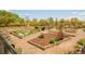 A fenced-in garden with raised garden beds, gravel paths, and greenery at 7777 E 23Rd Ave # 1401, Denver, CO 80238