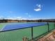 Enjoy a game on the community tennis courts, highlighted by green and blue courts and sunny blue sky at 8204 S Vandriver Way, Aurora, CO 80016