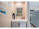 Clean and updated bathroom with white vanity and a mirror at 4715 Crestone Peak St, Brighton, CO 80601